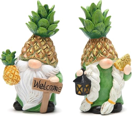ZAWUU Pineapple Gonks Gnomes Figurines — Resin Pineapple Gnome with “Welcome” Sign, Tropical Tabletop & Garden Decor for Porch, Shelf, Patio | Cute Summer Gift & Home Accent
