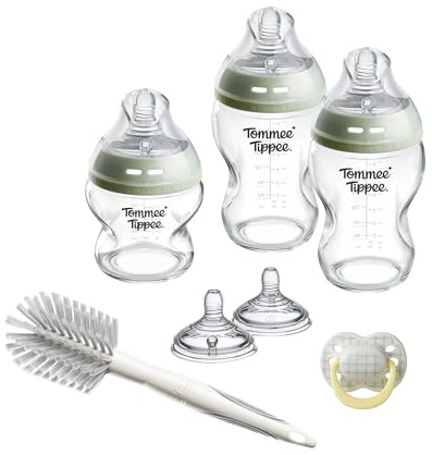 Tommee Tippee Set de inicio Natural Start de cristal, biberones anticólicos de 150 ml y 250 ml con tetina de flujo lento y extralento, tetinas que imitan la forma del pecho, con autoesterilización