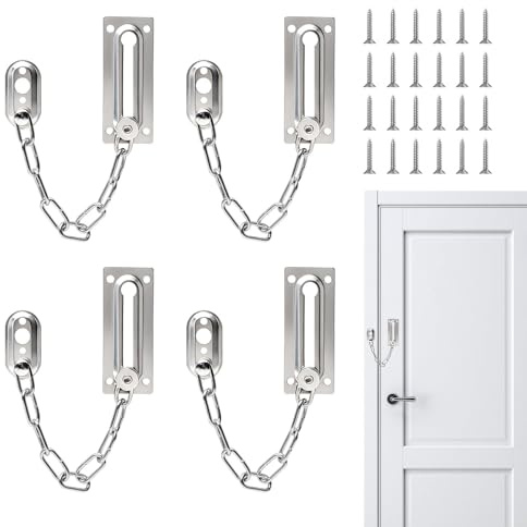 FEIHS 4 Stück Türkette aus Edelstahl, Diebstahlsicherungskette, Schiebekettenverriegelung, Türkette, Sicherheitskettentürschloss, Türbegrenzer, für Türen, Holztür, Wohnungstür (Mit Schrauben)