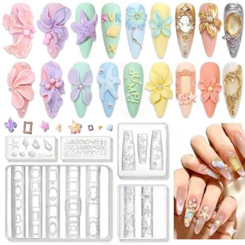 Bafutayawa 3D Gel Nail Art pour une Forme Rapide, Moule en Silicone Fleur Réutilisable, Set de Design pour Manucure DIY, 5 Pièces Transparentes