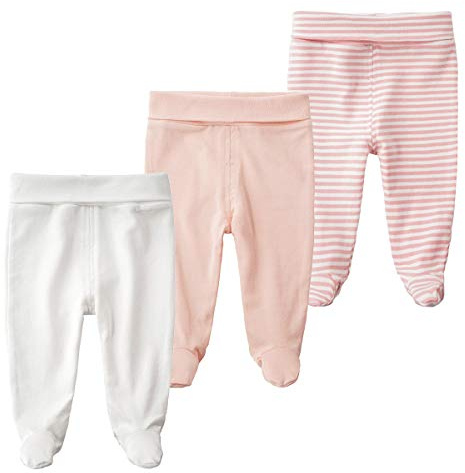 BINIDUCKLING Newborn Baby Boys Girls 3-Pack Trousers with Feet Cotton High Waist Footed Pants 0-3 Months, Pink