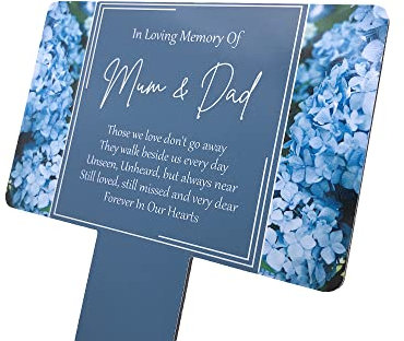 Mum & Dad Memorial Plaque Stake. Beautiful, eye-catching, waterproof grave marker printed with blue hydrangea flowers and a remembrance poem. (Light Blue)