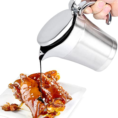 Salsiera in acciaio inox, a doppio isolamento, con coperchio incernierato, per cene in famiglia, Ringraziamento, Halloween, Natale (argento, 470 ml)