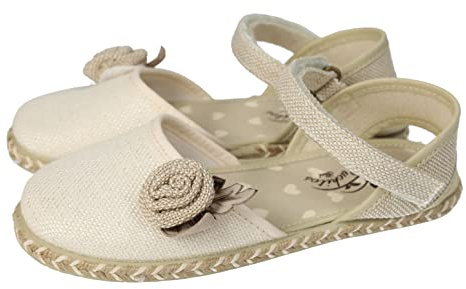 Puchitos 9902-31 Spargne per ragazze in colore ecrù, con rosa sul davanti, espadrillas da comunione realizzate in Spagna con fibbia e pavimento in gomma bambina scarpa COMUNIONE, ecru, 29 EU