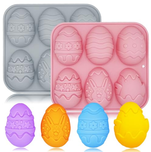 2 Pack 3D Easter Egg Molds 6 Cavity Easter Chocolate Molds Silicone Bunny Egg Muffin Moulds Tray Non-stick Baking Molds for Easter Chocolate Cake Dessert Candy Mousse Pastry Handmade Soap Crayons