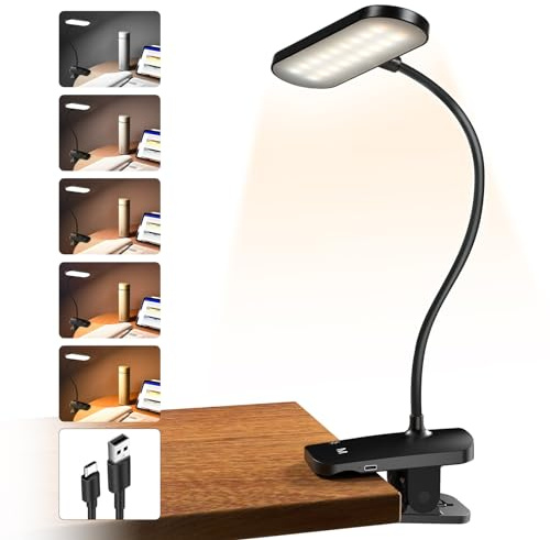 HECDSTLY Clip on Desk Lamp, Battery Powered Reading Light with Strong Clamp - 5 Colors 5 Brightness, USB Rechargeable Portable Cordless Book Lamp for Bed Headboard Table Bedside Home Office