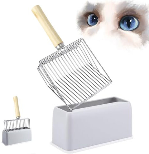JUXINE Katzenstreuschaufel mit Halter,Katzenstreuschaufel aus Metall, schnell siebend, Antihaft-Katzenkot-Sieb mit Behälter zur Aufbewahrung der Katzenstreuschaufel.