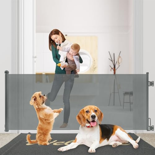 Rainberg Retractable Stair Gate for Baby & Pet with Secure 2-Step Lock 180cm Wide & 80cm Tall, One Hand Operated Baby Gate, Child Safety Gate for Doorways Stairs, Hallways, Kitchen (Grey)