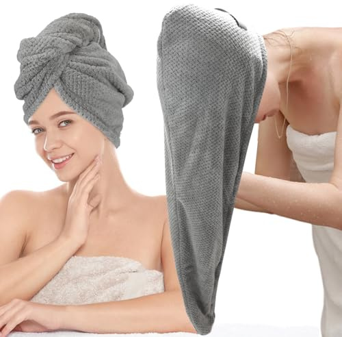 Hience 86x26 CM Grandes Toalla Microfibra Pelo para Cabello Largo y Rizado, Turbante Microfibra Pelo de Secado Rápido e Anti Frizz con Correas Elásticas para Mujer, Gris