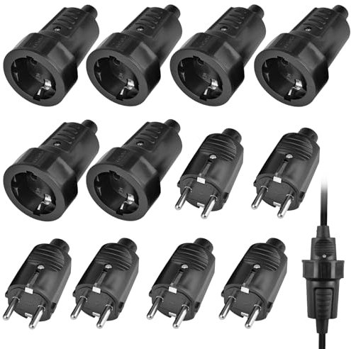 GOEDCH Schuko Stecker Kupplung: 250V 16A IP44 Schutzkontakt Stecker, Gummi Schukokupplung Set, 2-Polig Aussen Wasserdicht Schukostecker ohne Kabel für Außenbereich(Schwarz) (6)