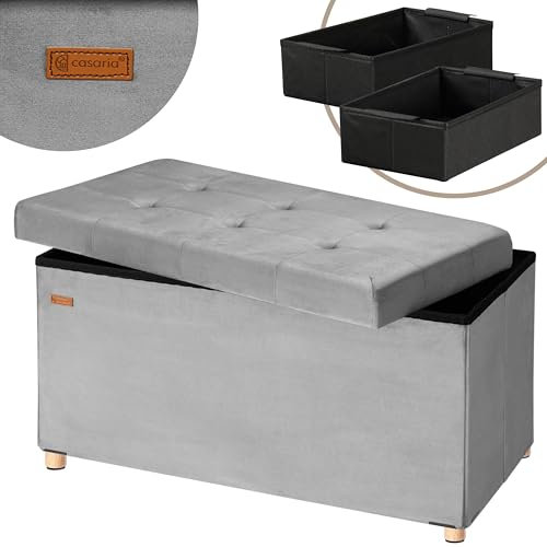 Casaria® Sitzbank mit Stauraum Grau Samt mit Holzfüßen Faltbar Sitzbank 300kg Belastbar 76cm Truhe Wohnzimmer Schlafzimmer Flur Diele Truhenbank Bank