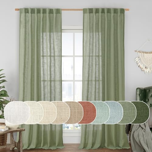 LAMIT Sage Green Linen Curtains for Living Room 108 inch Length 2 Panels, Light Filtering Semi Sheer Panels Back Tab and Rod Pocket Panels for Bedroom/Sliding Glass Door, 52 x 108 Inch