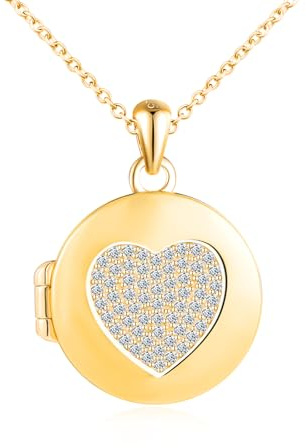 Rotondo Portafoto Medaglione Collana Argento 925 Donna Ragazze Collana di Foto Personalizzata con Zirconi Cuore Ciondolo Portafoto Collane Amuleto Gioielli Regali per Fidanzata Moglie Figlia Oro
