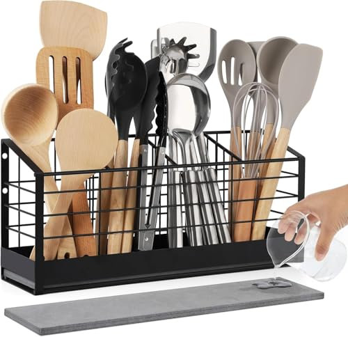 JREWE LIOUS Großer Utensilienhalter für die Küchentheke -Wandmontierbarer Küchenutensilienhalter mit schnell trocknendem Kieselgurboden Mattschwarz (4 Fächer)