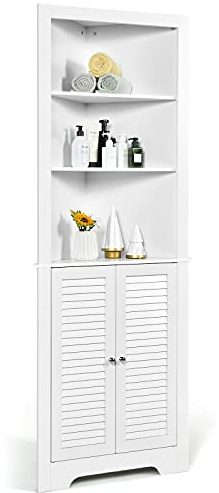 COSTWAY Armoire d'angle pour Salle de Bain, Meuble de Rangement Haut Autoportant avec 3 Etagères Ouvertes et 1 Armoire avec Portes Volets, pour Salle de Bain, Chambre, Salon, Blanc
