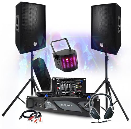Set Sono DJ 3400 W Verstärker 2000 W, Paar Lautsprecher 2 x 700 W, Mischpult, Füße, DJ-Kopfhörer, Kabel, Mikro-LED-Beleuchtung