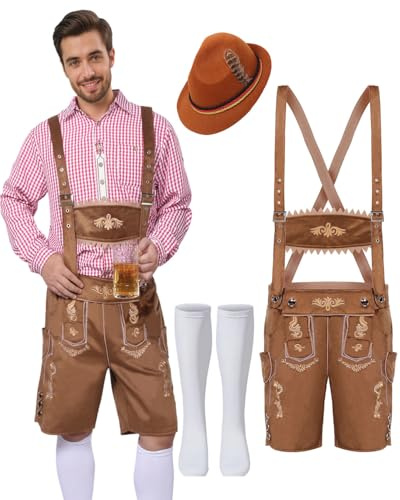 Solorass 3PCS Lederhosen Oktoberfest Homme Costume Bavarois avec Pantalon en Cuir Chapeau Chaussettes pour Cosplay Fête Carnaval (Brun, M)