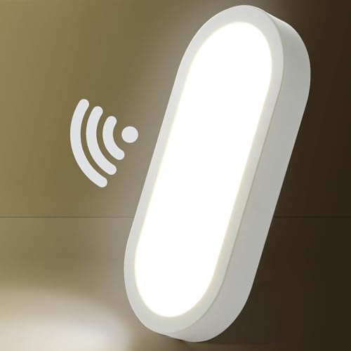 LEZOE Lámpara de techo LED de 12 W con detector de movimiento, 1700lm, 140lm/W, IP54, luz de techo con sensor de movimiento, 4000K, para baño, pasillo, almacén, sótano, garaje, balcón 215 x 100 x 25mm