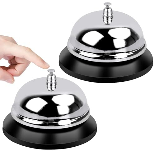 katmerio Lot de 2 cloches de table en métal - Sonnette de réception en acier inoxydable - Petite cloche de service - Sonnette de table avec son clair - Pour cuisine, restaurant, hôtels et bars