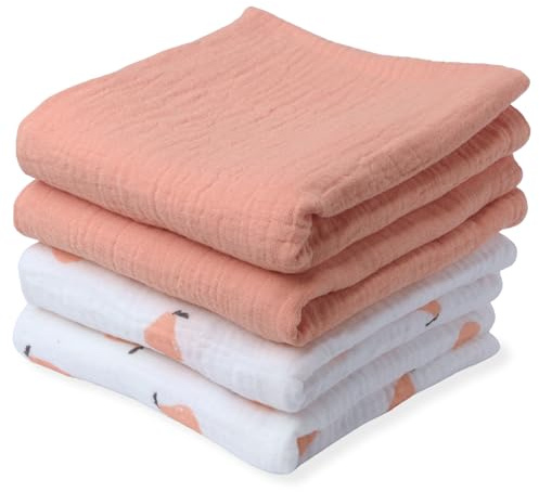 tiny ton Baby muslindukar | dregellappar – 100 % GOTS ekologisk bomull, set om 4 (60 x 60 cm), mjuk, absorberande och andas. Mångsidiga spottdukar – för att gosa, rengöra och täcka (röd)