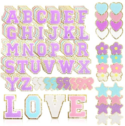 Gugxiom 136 Self-Adhesive Iron On Patches Letter(Purple, Aqua, Pink, White) | Self-Adhesive Fabric Stickers, for Clothing, Fabric Jackets, DIY, Mobile Phone