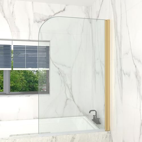 T&K - Pared de ducha para bañera, 90 x 140 cm, color dorado, pared de bañera plegable, bordes redondeados, cristal de seguridad templado de 5 mm, fácil de limpiar en ambos lados, pantalla de ducha