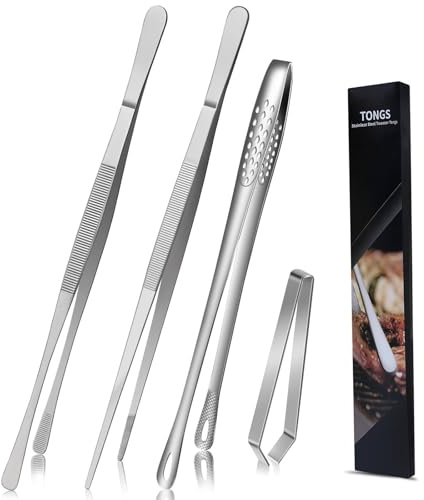 Aurinovellia 4 Piezas Pinzas Cocina, Pinzas Chef de Acero Inoxidable 30 cm y 20 cm y 10cm, para Barbacoas, Emplatado, Ensaladas, Postres, Hornear y Espaguetis