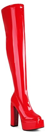 TNMIUH Bottes Cuissardes à Plateforme pour Femme Talon Bloc Haut 13,5cm Bottes d'Équitation Cuir Verni Style Gothique Punk Sexy Cuissardes Longues Blanc Rouge Noir,Rouge,41 EU