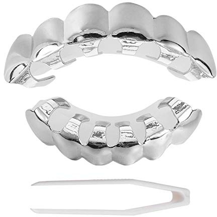 Milisten Silver Teeth Grills Top Bottom Flat Hip Hop Halloween Fancy Dress | Top & Bottom Flat Set, Dazzling Silver Finish, Perfect 90s Rapper Costume, Essential Halloween Fancy Dress Accessory