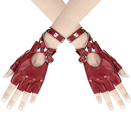 Newellsail 1 Paar Punk Handschuhe Nieten Halbfinger Handschuhe Fingerlose Rock Handschuhe Damen Mädchen Lederhandschuhe für Tanz, Hip Hop, Performance, Pole Dance, Cosplay, Party (Rot)
