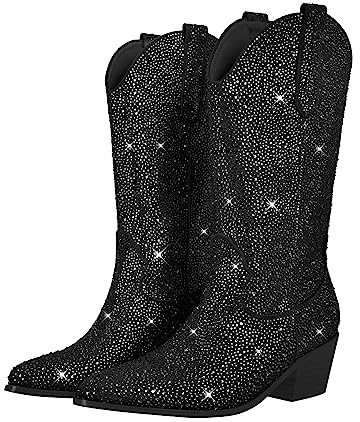 blingqueen Bottes de cowboy à paillettes à talon western, Noir , 45 EU