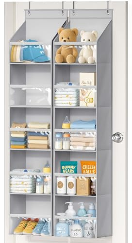 AOODA 2 Pack Over the Door Organizer, Large Capacity Closet Door Hanging Organizer, Clear Deep Pockets Baby Organizer Storage for Nursery, Bathroom, Bedroom, Pantry, Diapers (Grey)