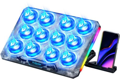 Trullypine Laptop Kühlpad für 12-17,3 Zoll, leistungsstarke 12 leise Lüfter, schnelle Kühlung, ergonomischer Notebook Cooler Ständer, 5 höhenverstellbar, 2 USB-Anschlüsse, Telefonhalter (Getriebe)