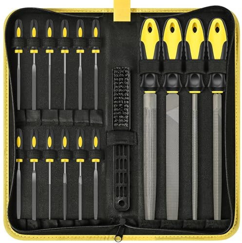FZENeast Feilen Set, 17tlg Metallfeile mit Aufbewahrungstasche,Flachfeile/Dreikantfeile/Halbrundfeile/Rundfeile und 12pcs Nadelfeilen/1 Drahtbürste für Holz Metall und Kunststoff