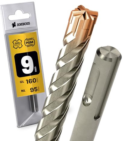 SDS Plus Hammerbohrer 4X Schneiden PGM Ø 9.0mm x 95mm - AMBOSS Werkzeuge SDS Crusher 4 - HM Betonbohrer Hartmetall Profi Bohrer 9.0 mm x 95 - Steinbohrer Stahlbeton Mauerwerk Ziegel Kalksandstein
