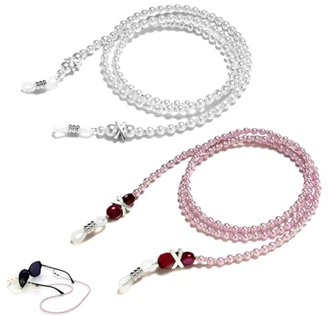 2 Pcs Pearl Glasses Chain Anti-Slip Beaded Eyeglasses Straps Adjustable Reading Spectacles Neck Cord Simple Funky Spectacle Holder Lanyard Sunglasses Eyewear String for Women Girls, White and Pink