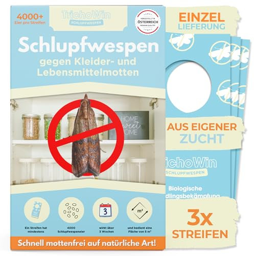 Trichowin Lot de 3 guêpes parasites contre les mites alimentaires et les vêtements - Plus efficace que les pièges à mites alimentaires - Protection alternative au piège à mites et au spray anti-mites
