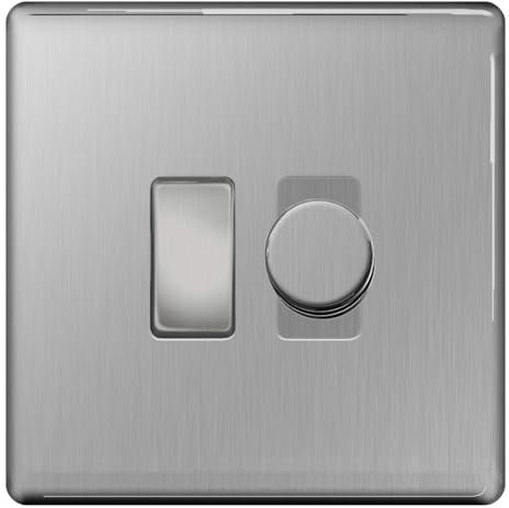 BG Brushed Steel Screwless 2 Gang Switch 1x Trailing Edge LED Dimmer 1x 2 Way