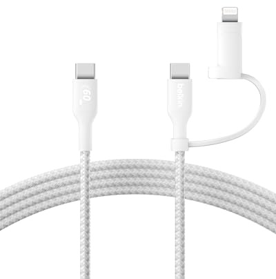 Belkin 2-i-1 Laddningskabel Med USB-C och Lightning-Anslutning - Flätad Snabbladdningskabel för Apple iPhone, iPad, Samsung, m.fl. - Vit