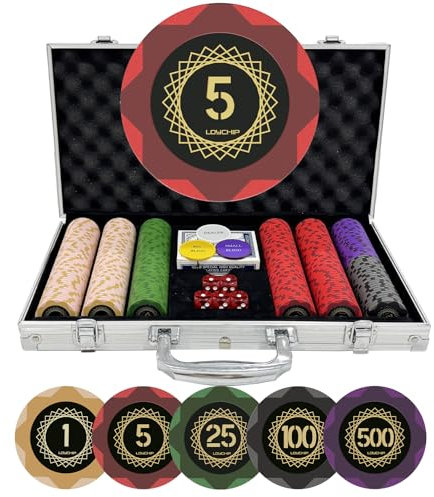 LOYCHIP Casino-Grade Clay Poker Chip Set, 300pcs 14g Numbered Clay Chips with Aluminum Case, 2 Decks, Premium Poker Set for Texas Hold'em, Blackjack, Home Game Night, Family Party, Travel