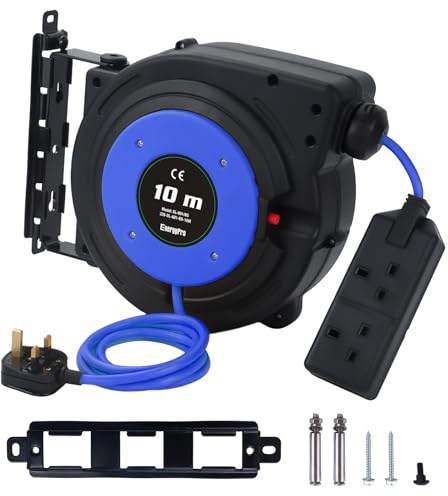 EnergyPro Heavy Duty 10M Cable Reel with BS1363 UK Plug - 2300W Max, 230V, Polypropylene Construction, 6000+ Cycles, Overload Protection, Wall Mountable Flexible Cable Blue.