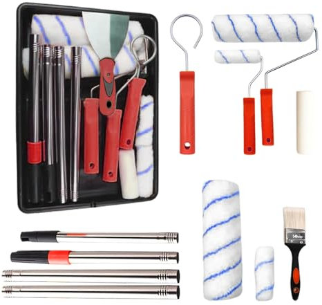 AHDXKUE Paint Roller Set, Paint Rollers and Trays Sets with 5 Roller Sleeve, Roller Sets for Painting with Extension Pole, Microfiber Rollers Cover for Painting Walls, Ceiling, Doors, Blue (12PCS)