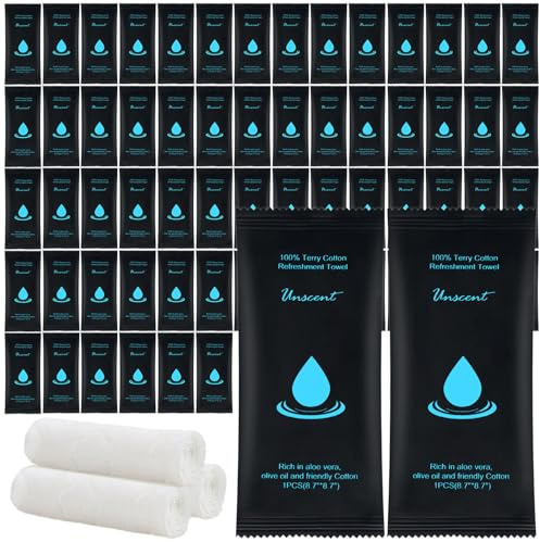 Moist Cotton Towel Bulk Moist Towelettes Individually Wrapped 8.7 x 8.7,White Towel Services,Refreshment Pre Moistened Towels for Travel Sport Party Spa Dentist (1 Count (Pack of 200), Unscented)