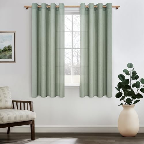 MRTREES Voile Gardinen mit Ösen Salbeigrün Leinenoptik Wohnzimmer Modern Kurz Ösenschal 2er Set 145 cm Lang 140 cm Breit, Vorhang Halbtransparent für Küche Fenster Schlafzimmer Leinenvorhänge