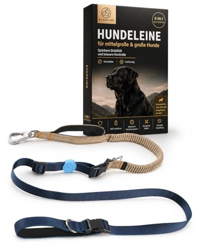 EVERKING Joggingleine Hund mit Bauchgurt – Freihandleine & Hundeleine für große Hunde – Verstellbare Bungee Leine mit Kontrollgriff & Autosicherungs-Clip für Joggen & Alltag (Blau、Grau)