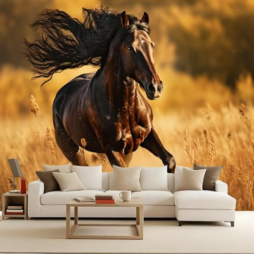 Papel Pintado Animales Caballos Pastos Paisaje 200x140 cm Efectos 3D Papel Tapiz Fotográfico Tejido No Tejido Mate Póster Fotomurales Decoración Pared Para Dormitorio Salón Decorativos Murales
