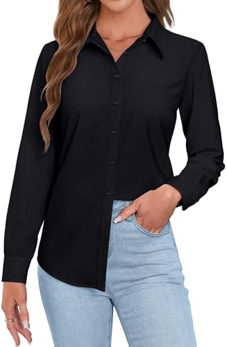 Rapbin Blusas para mujer de manga larga del Reino Unido, blusa de vestir con botones, blusa sin arrugas, para ejecutivo, oficina, trabajo, negocios, informales, Negro, XS