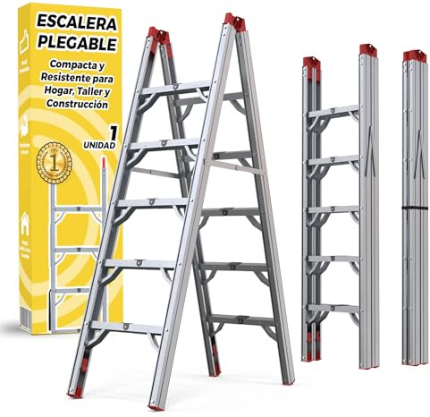 Escalera Plegable de Aluminio 5 Peldaños - Escaleras Plegables Aluminio 180 cm - Segura y Antideslizante para Hogar, Taller y Construcción - Plegado Compacto y Rápido para Espacios Reducidos