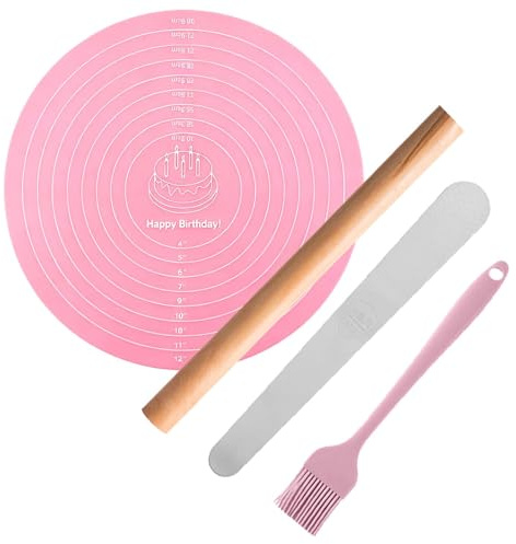 Wooden Rolling Pin & Silicone Baking Mat Set, Pastry Brush and Stainless Steel Stuffing Spoon, 30cm Dough Roller and Pastry Mat for Pizza, Pie, Cookie, Pasta and Bread