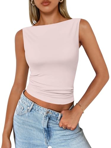 DUOEASE Tank Top Femme Décontracté Elegant Debardeur Femme Col Bateau Crop Top sans Manches Couleur Unie Été Haut(Rose,XL)